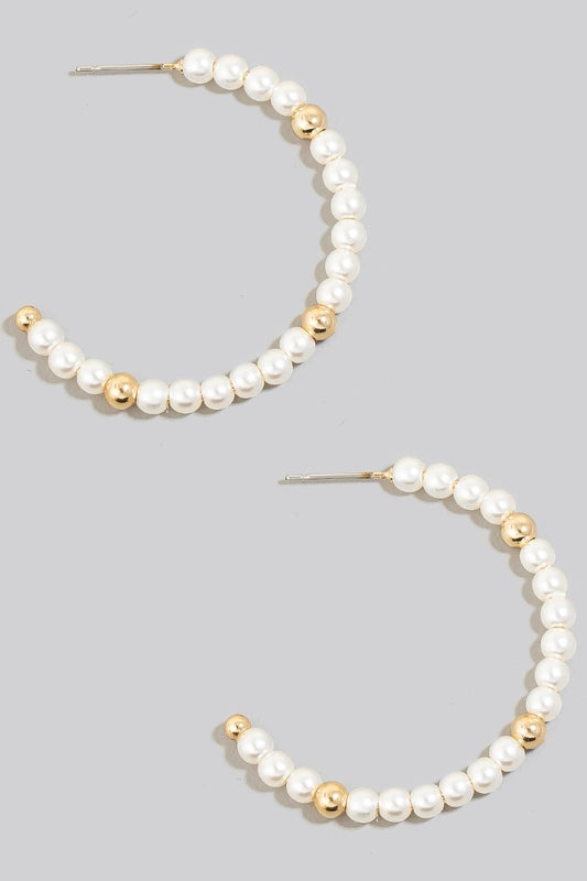 Pearl and Metallic Bead Hoop Earrings