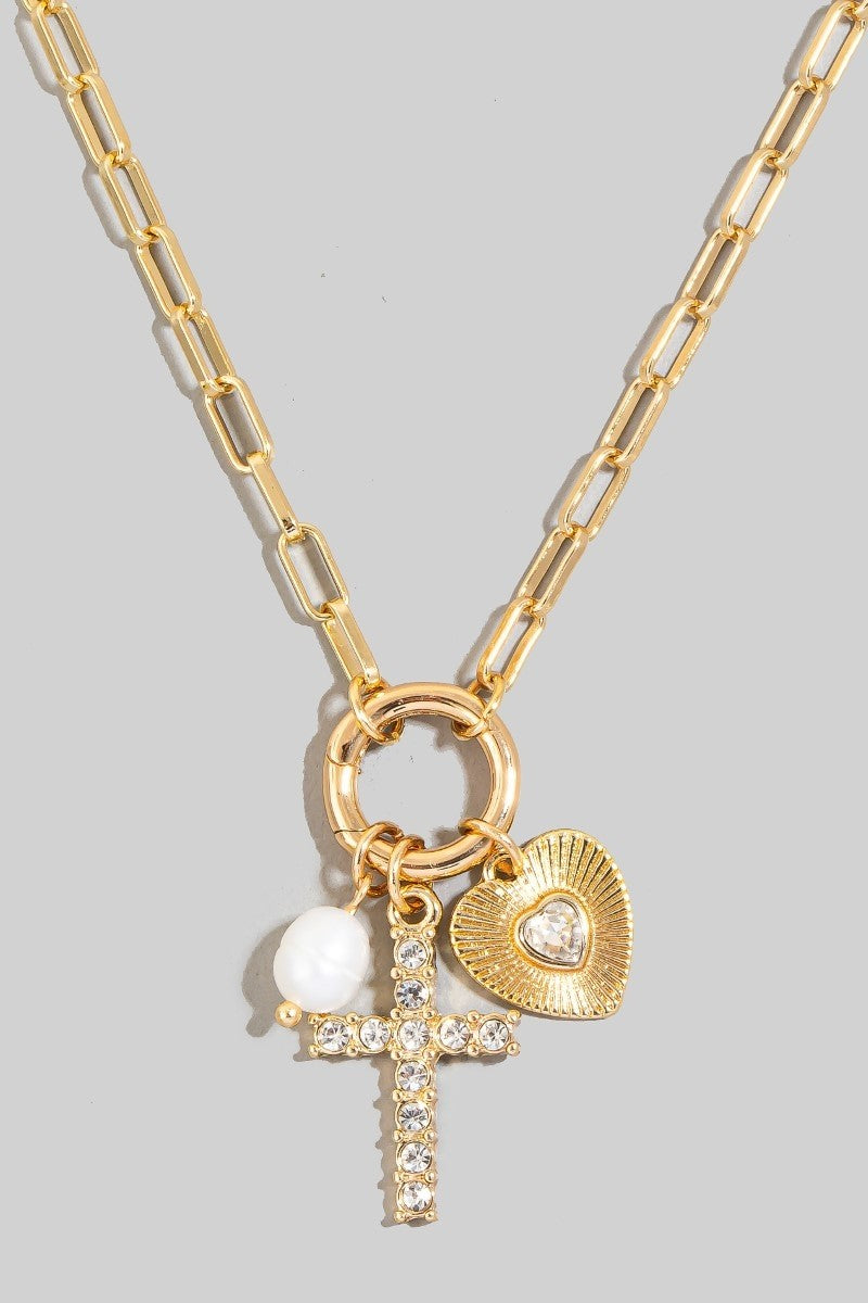 Heart Cross And Pearl Charms Chain Necklace