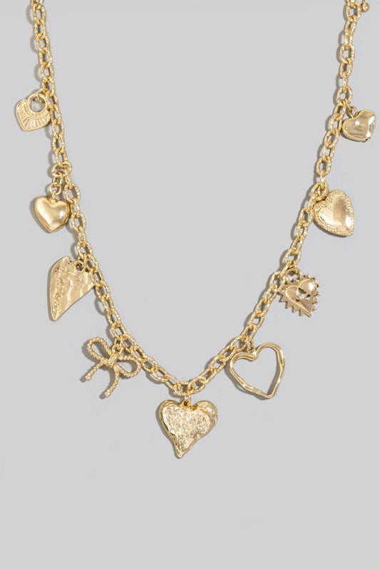 Mixed Heart And Ribbon Charms Chain Necklace