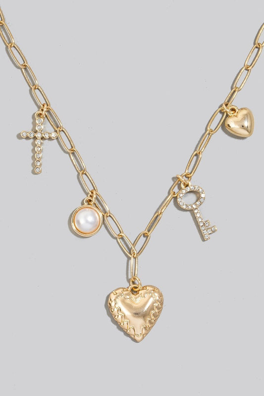 Cross Pearl And Heart Charms Chain Necklace