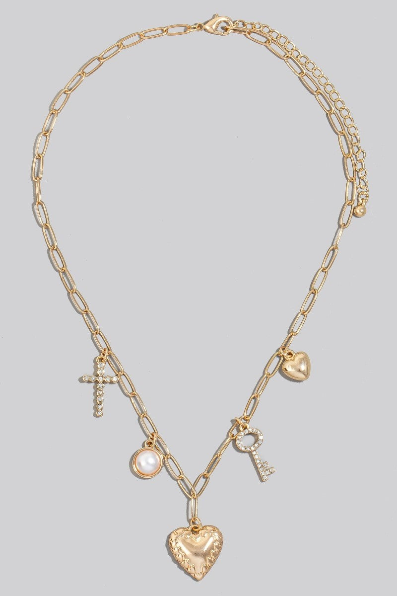 Cross Pearl And Heart Charms Chain Necklace