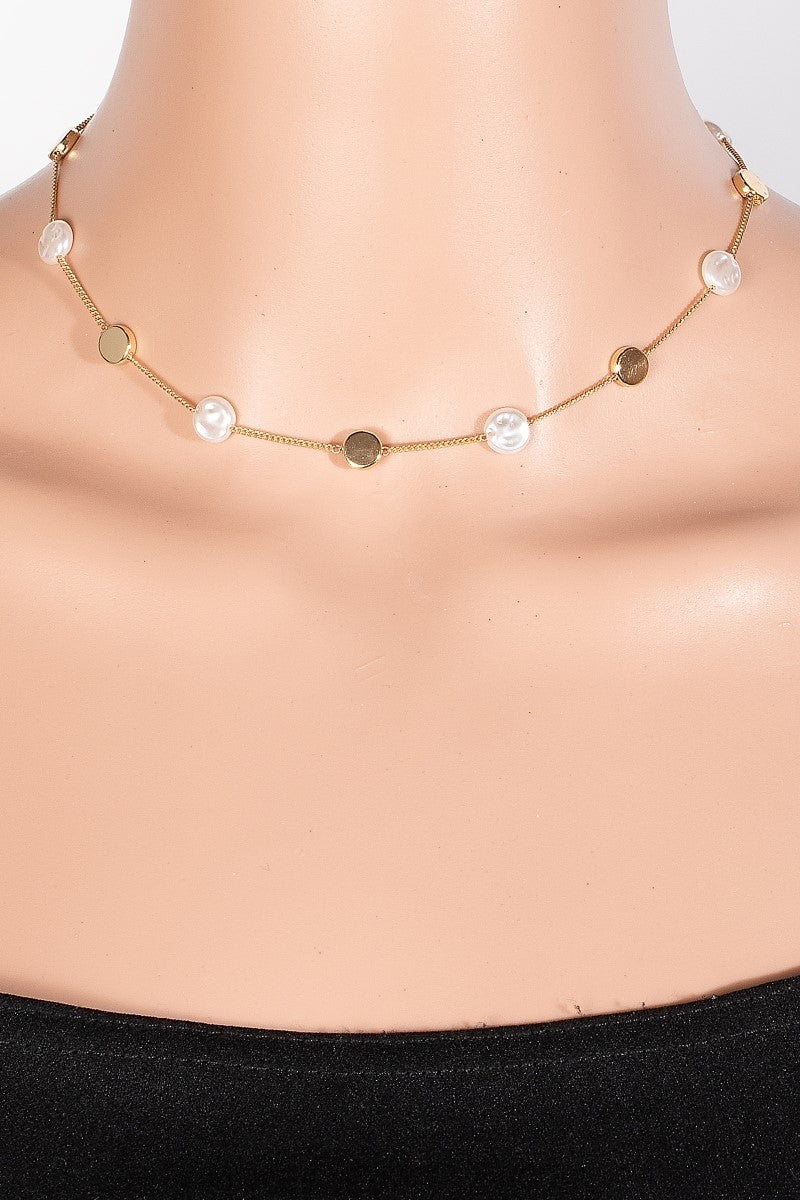 Gold Dipped And Pearl Discs Station Chain Necklace