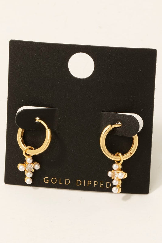 Gold Dipped Pearl Studded Cross Charm Hoop Earrings