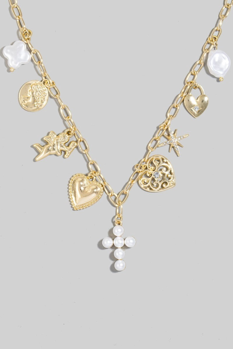 Pearl And Metallic Heart Cross And Cherub Charms Chain Necklace