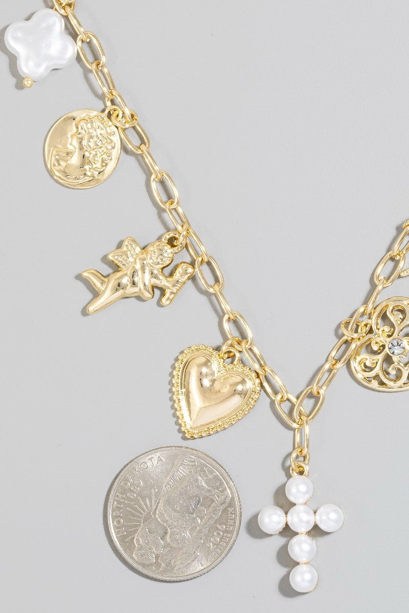 Pearl And Metallic Heart Cross And Cherub Charms Chain Necklace