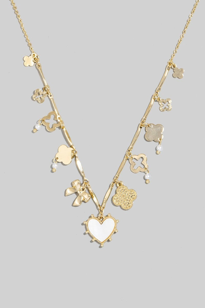 Pearl And Metallic Clover Bow And Heart Charms Chain Necklace