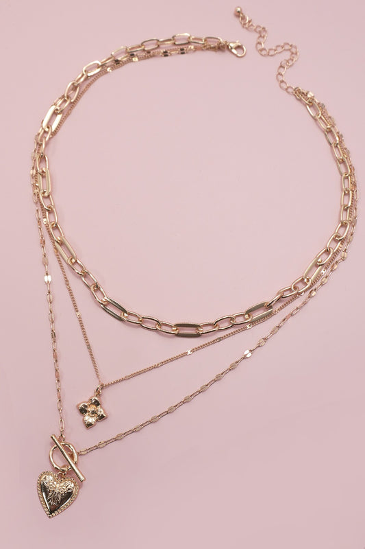 Flower Heart Toggle Multi Layered Necklace