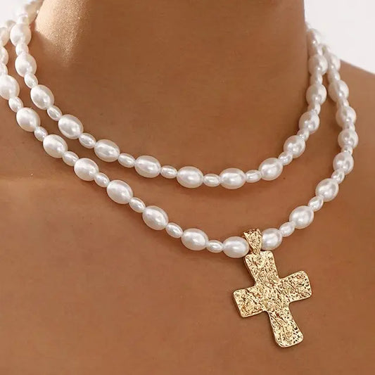 Lustrous Pearl Beaded Layered Cross Necklace