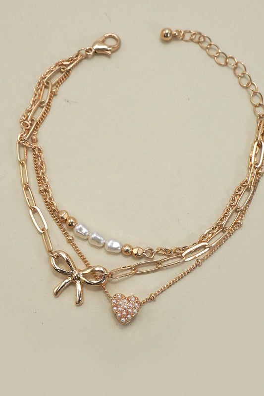 Charm Bracelet-multi Layer Bow Peral Heart Charms