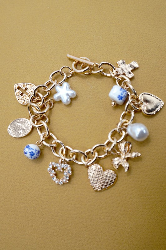 Ceramic Porcelain Heart Bow Pearl Charm Bracelet