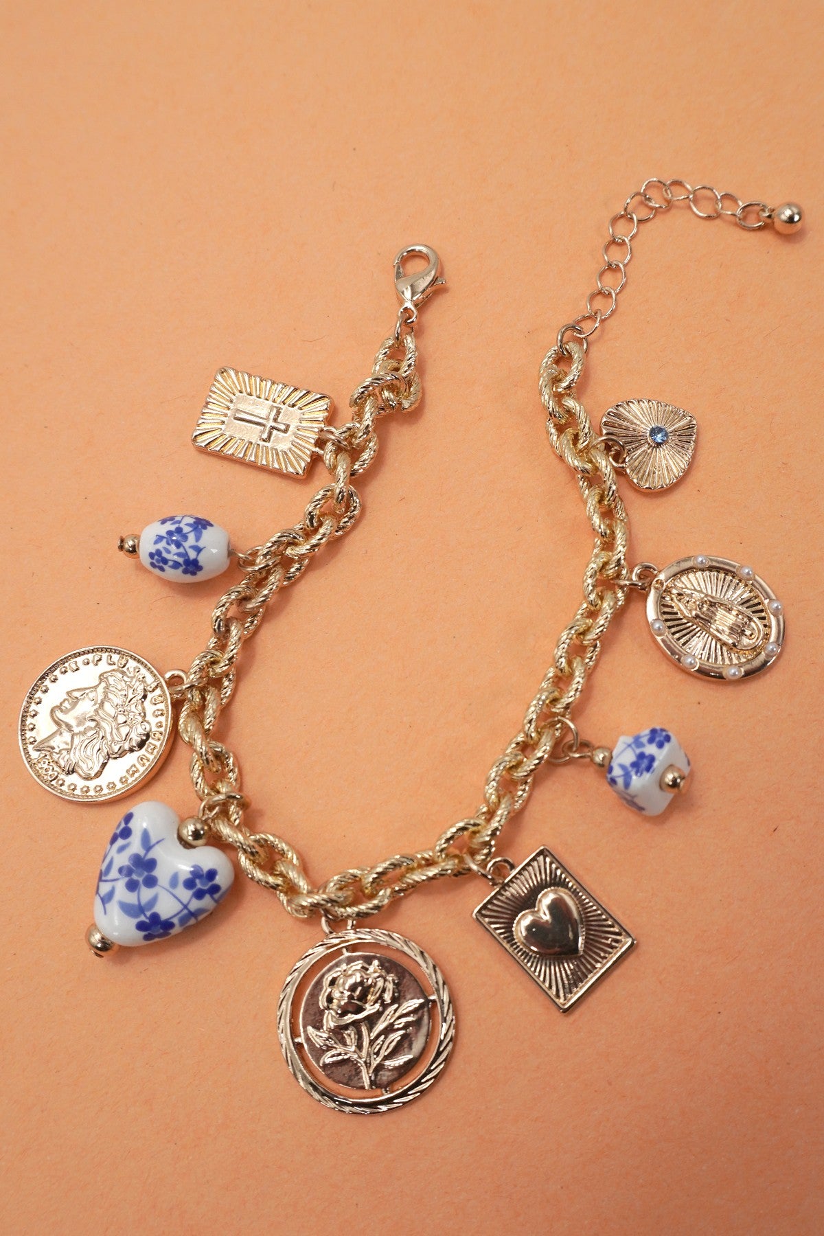 Blue Ceramic Porcelain Coin Cross Charm Bracelet
