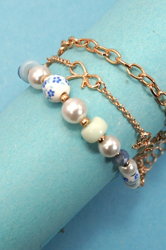 Ceramic Porcelain Pearl Bow Chain Bracelet