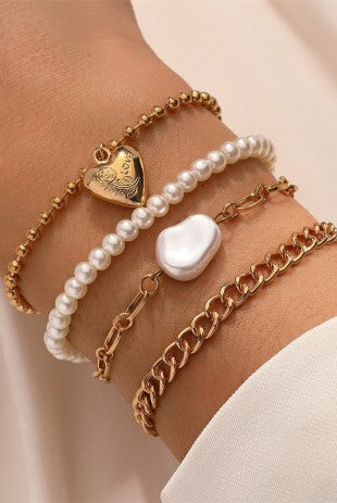 Heart Pearl Link Multi Set Bracelets