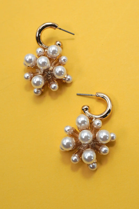 Cluster Pearl Huggie Hoop Drop Earrings