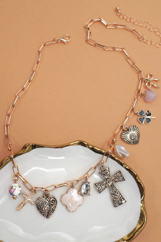 Charm Necklace-clover Cross Heart Bow Porcelain