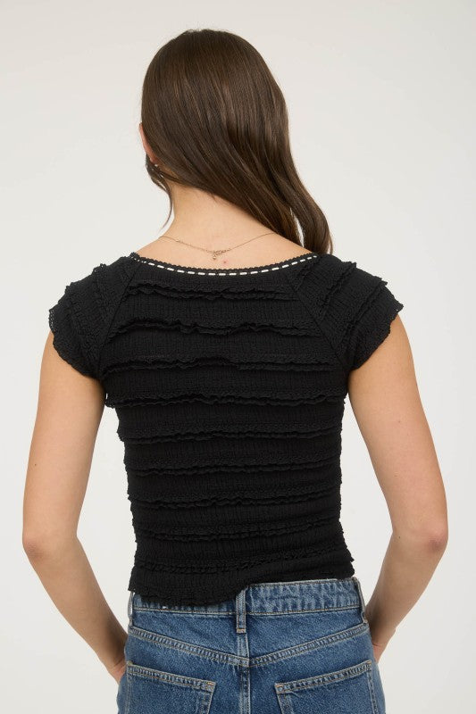 Ruffle Lace Trim Short Sleeve Knit Top