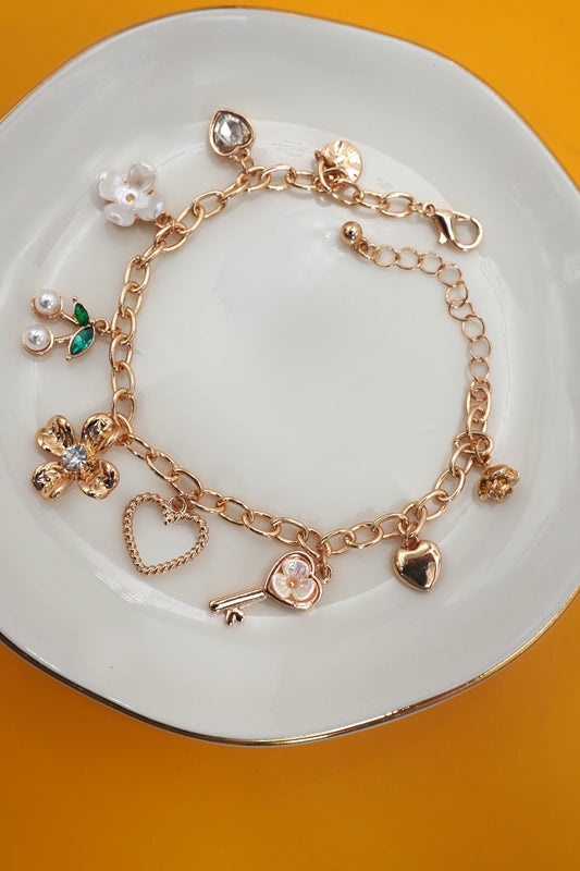 Charm Bracelet-floral Cherry Heart Bow Key