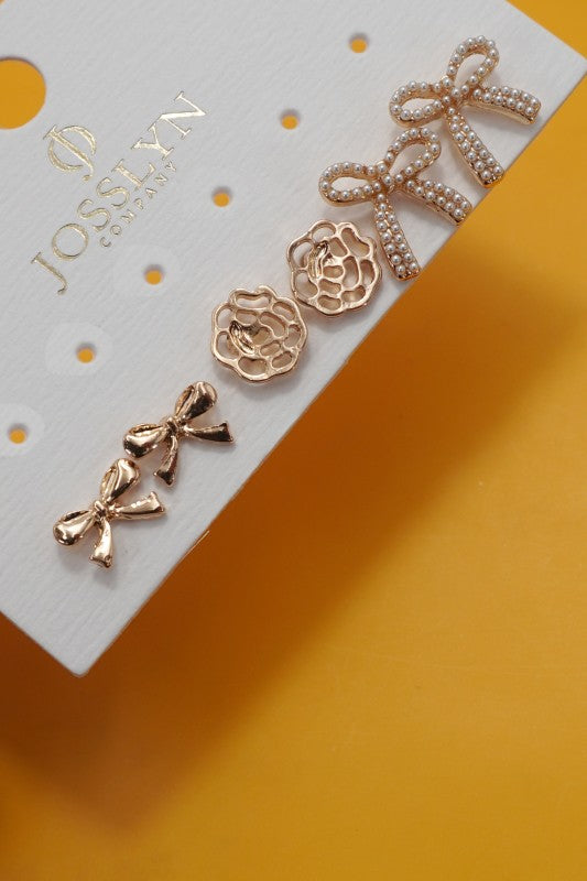 Trio Stud Bow Floral Pearl Bow Trio Earrings