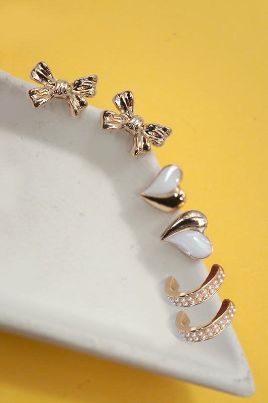 Pearl Huggie Hoop Bow Heart Trio Earrings