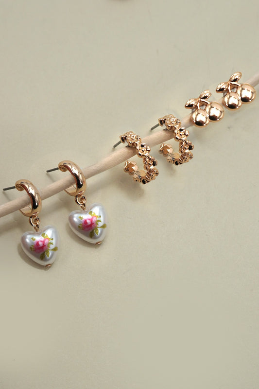Cherry Floral Hoop Heart Huggie Trio Earrings