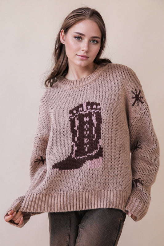 Cowboy Boots Graphic Print Knit Sweater