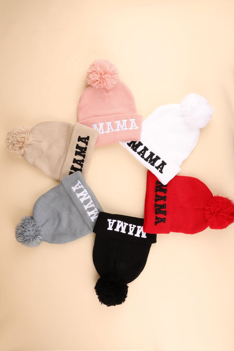 Mama Chenille Embroidered Pom Beanie