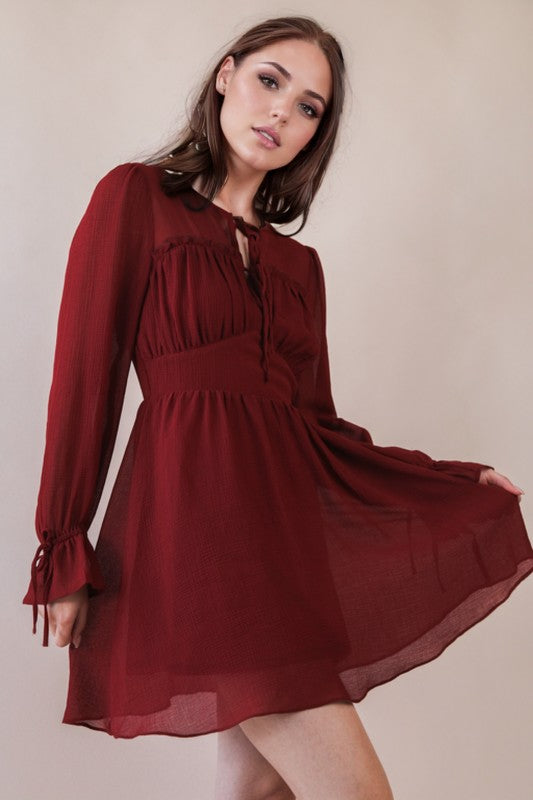 Ruffle & Bow Detail Mini Woven Dress