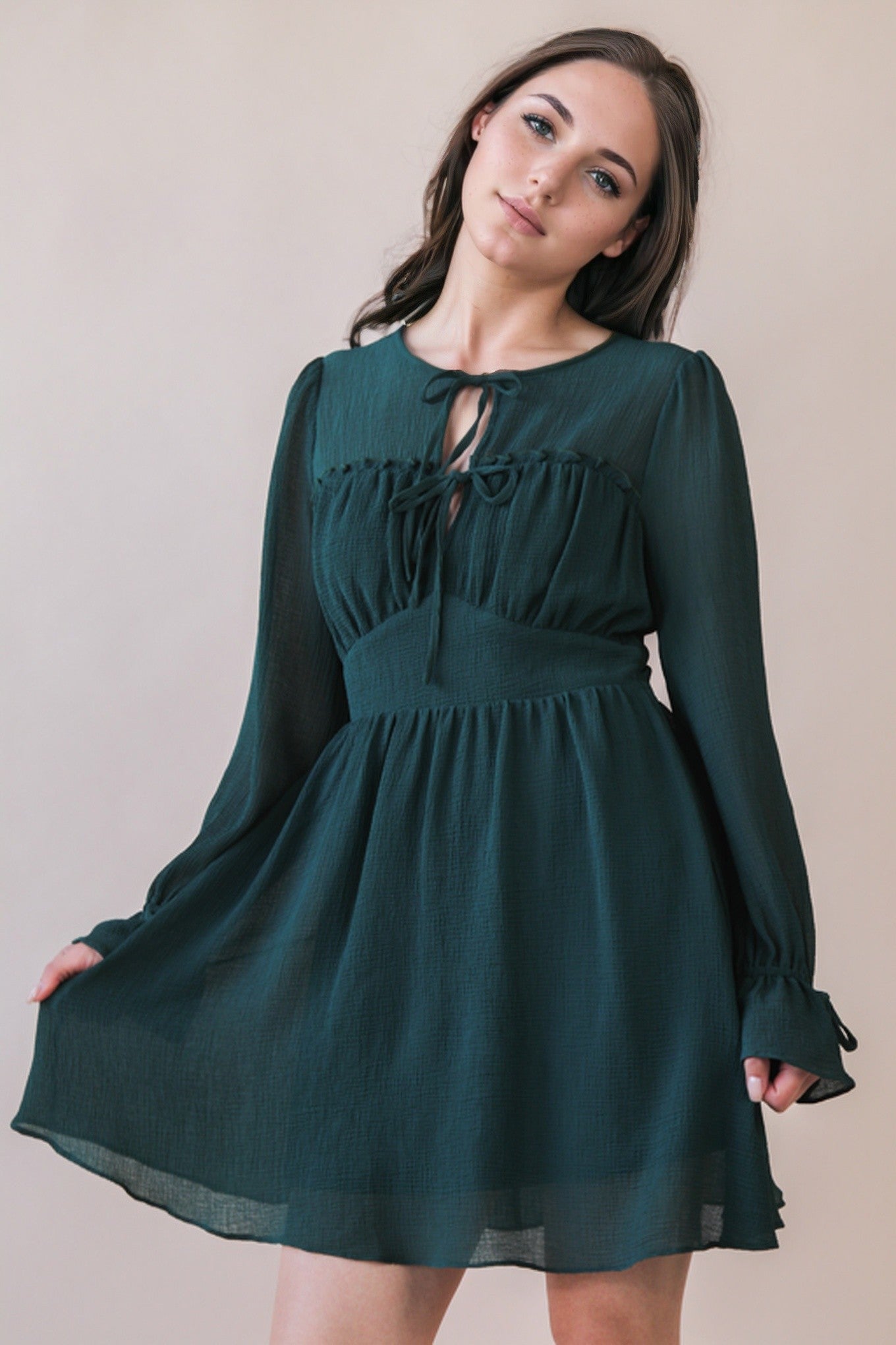 Ruffle & Bow Detail Mini Woven Dress