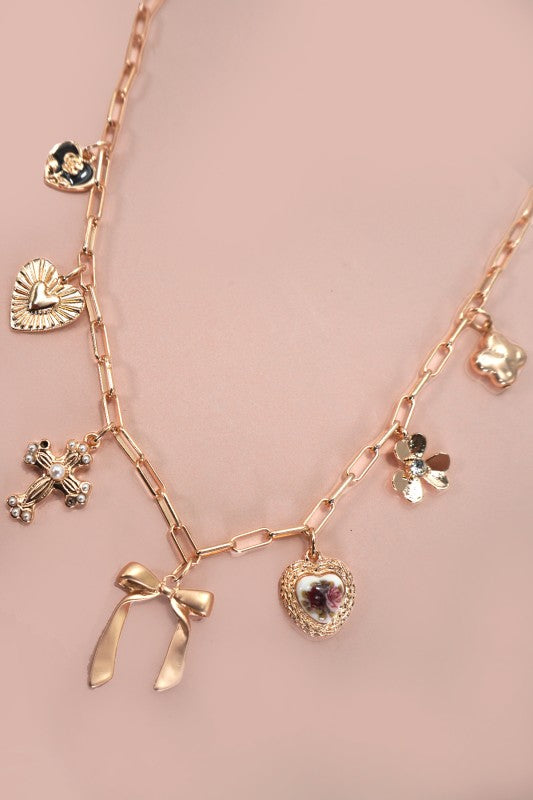 Charm Necklace-porcelain Floral Bow Cross Heart
