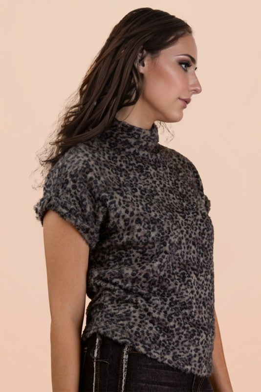 Side Elastic Detail Leopard Soft Knit Vest Top