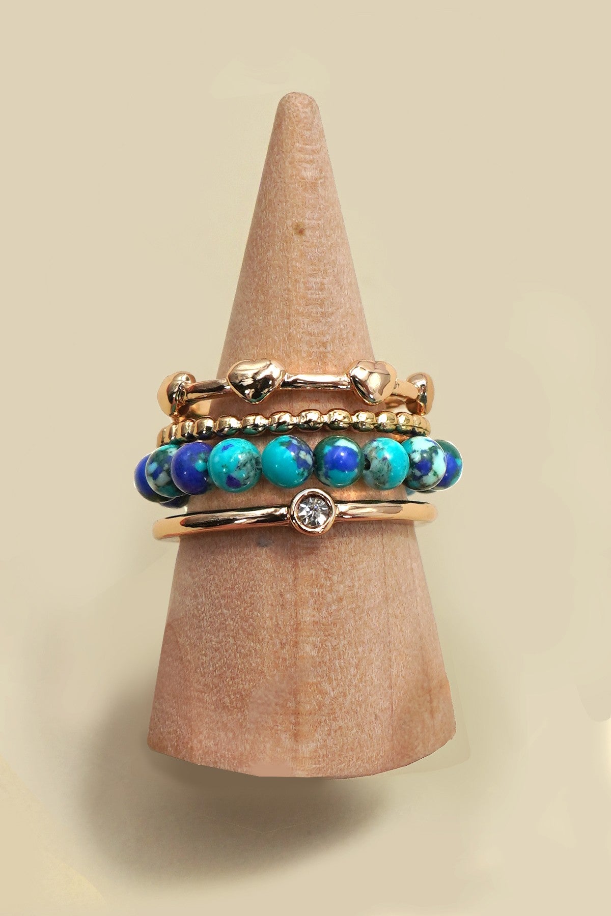 Layered Multi Beaded Floral Bow Stackable Ring Set