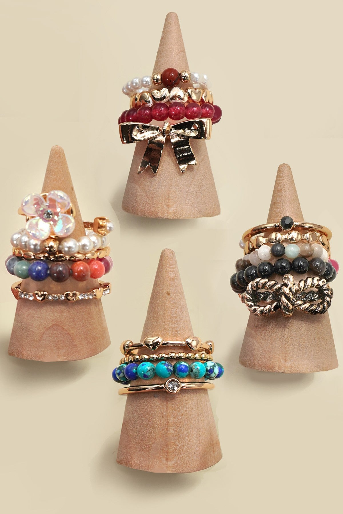 Layered Multi Beaded Floral Bow Stackable Ring Set