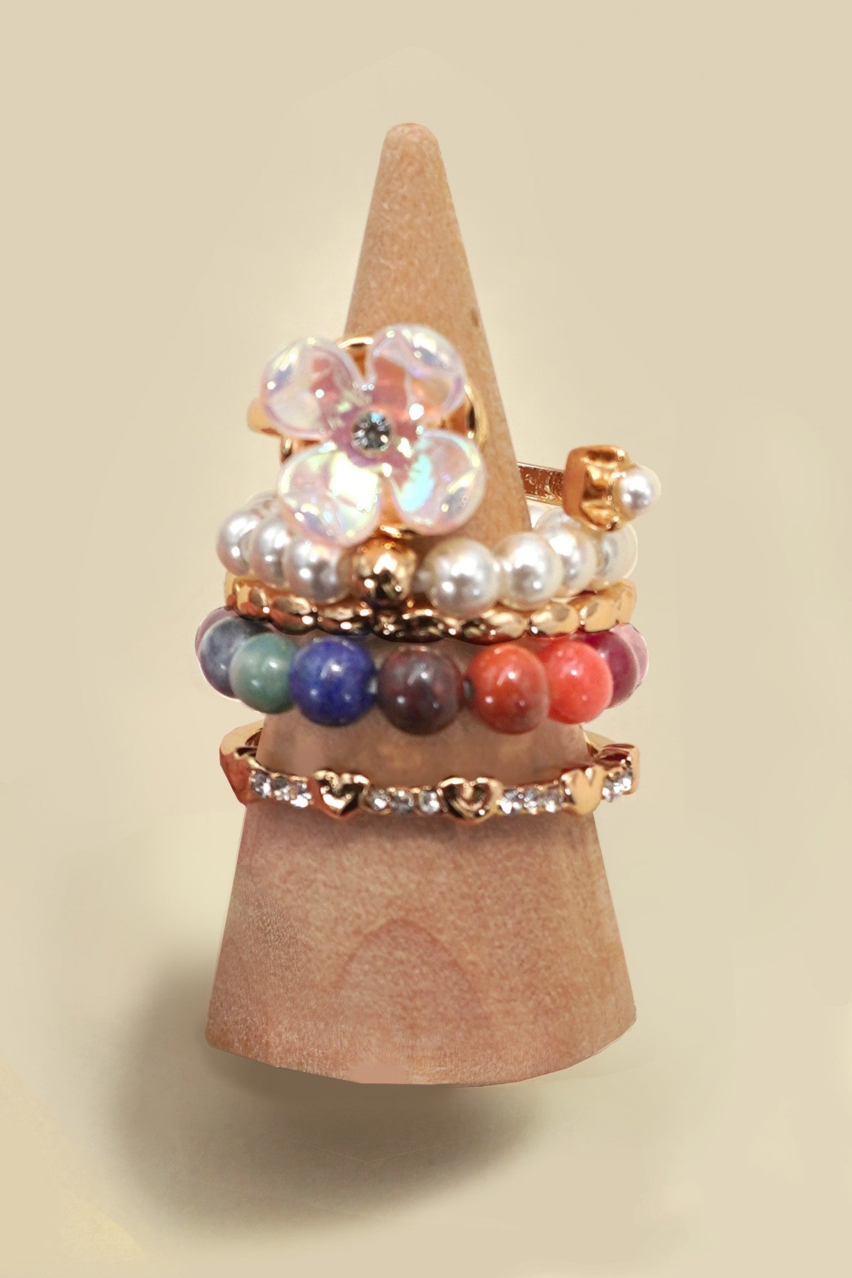 Layered Multi Beaded Floral Bow Stackable Ring Set