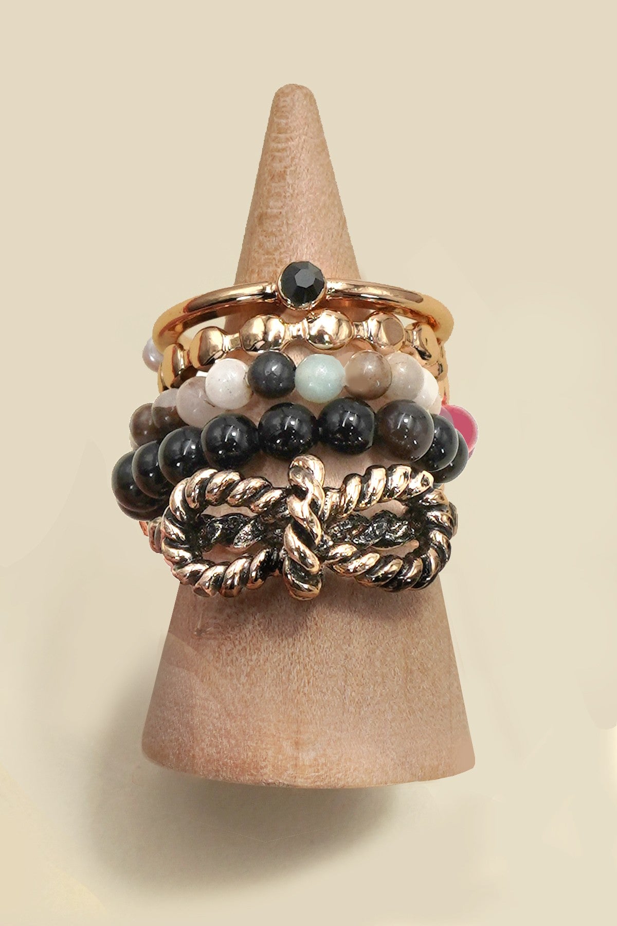 Layered Multi Beaded Floral Bow Stackable Ring Set