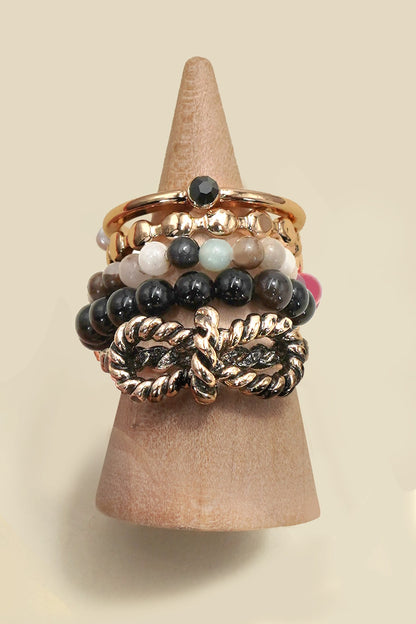 Layered Multi Beaded Floral Bow Stackable Ring Set