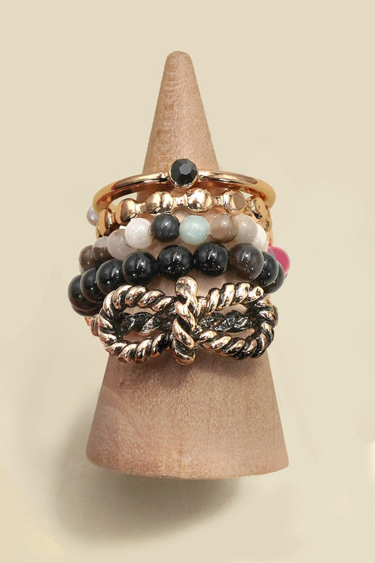 Layered Multi Beaded Floral Bow Stackable Ring Set