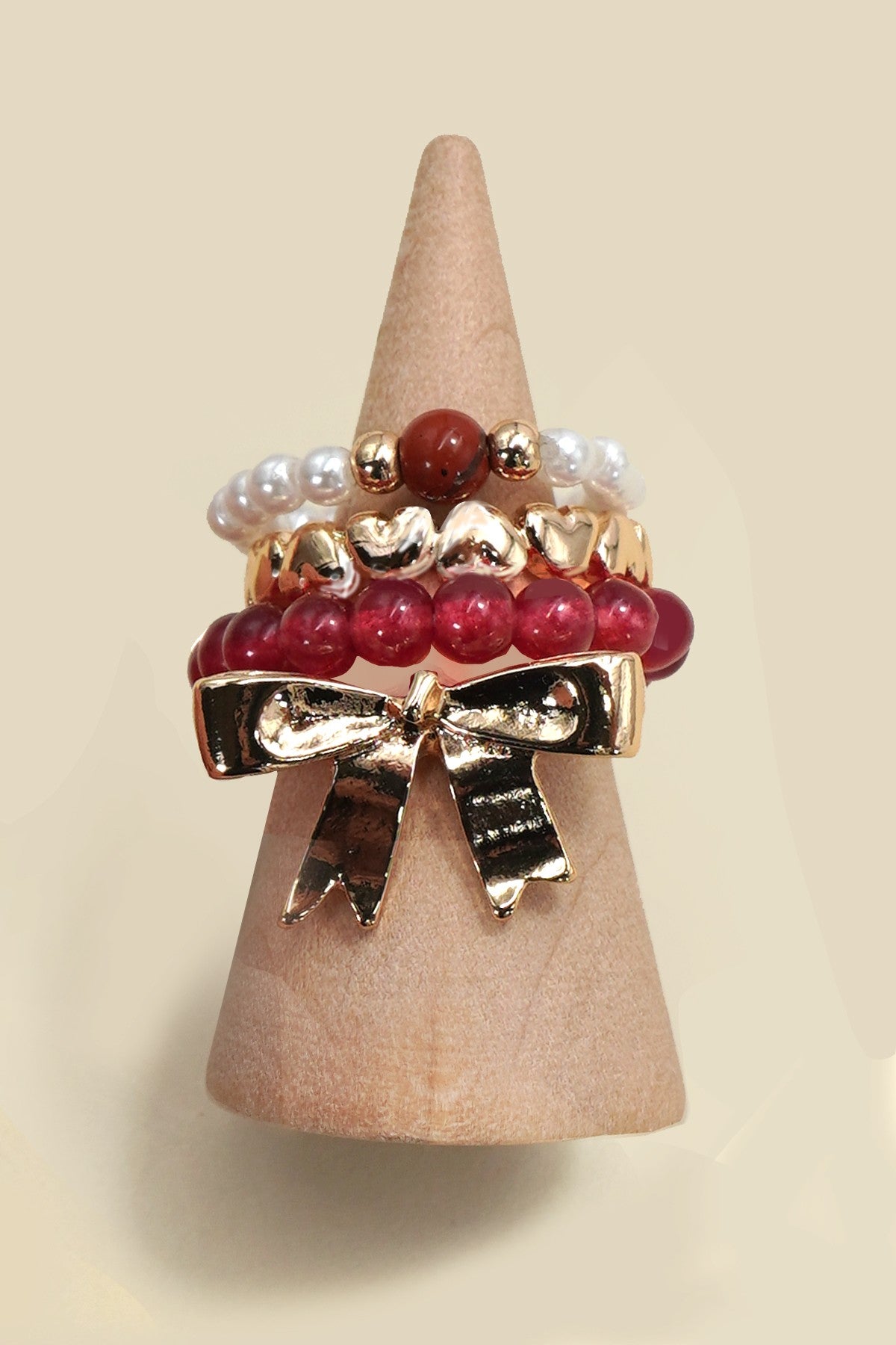 Layered Multi Beaded Floral Bow Stackable Ring Set