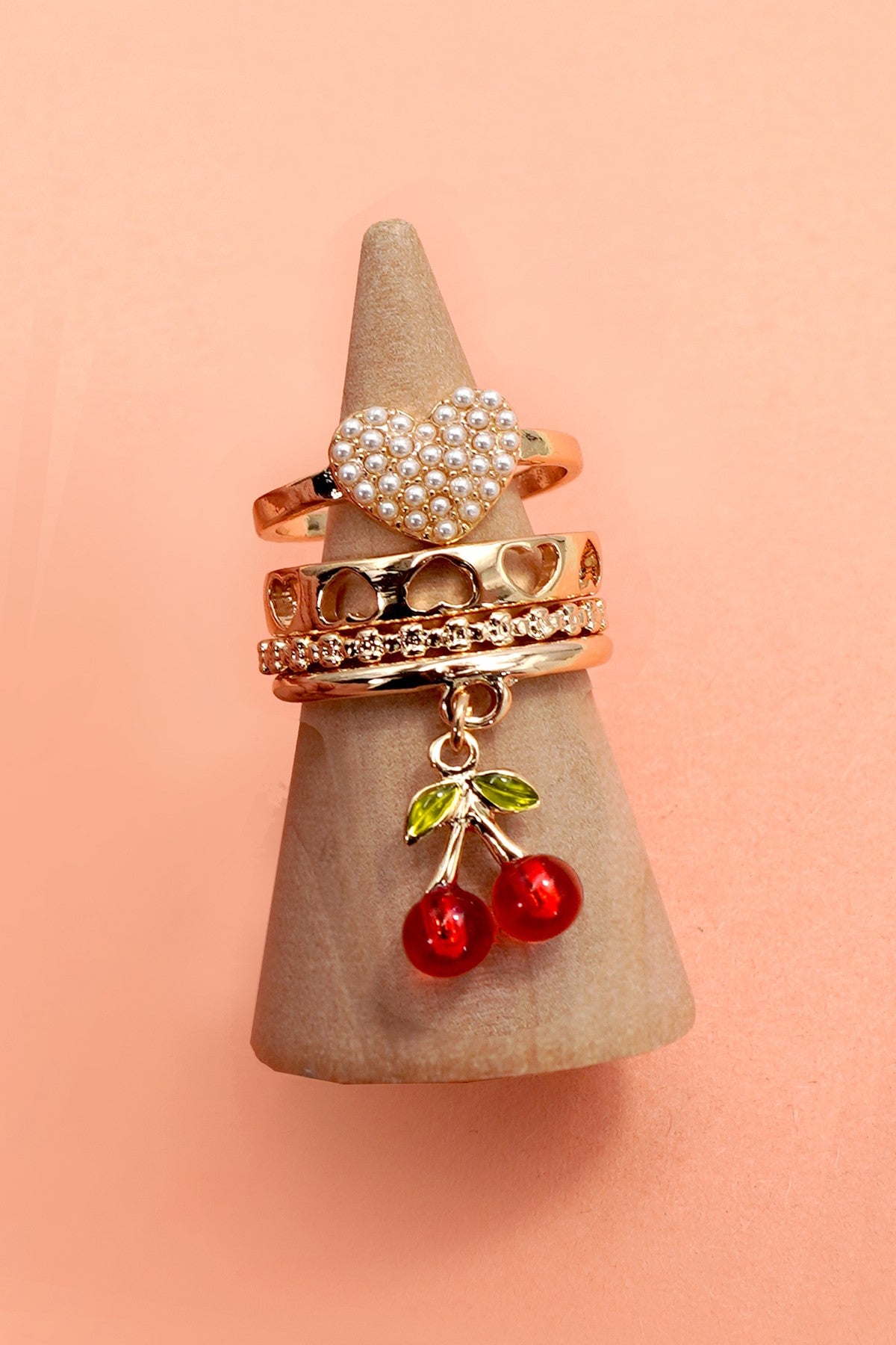 Layered Multi Cherry Porcelain Stackable Ring Set