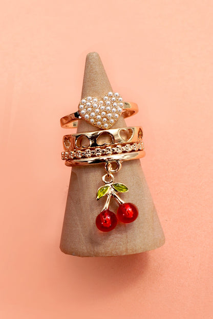 Layered Multi Cherry Porcelain Stackable Ring Set
