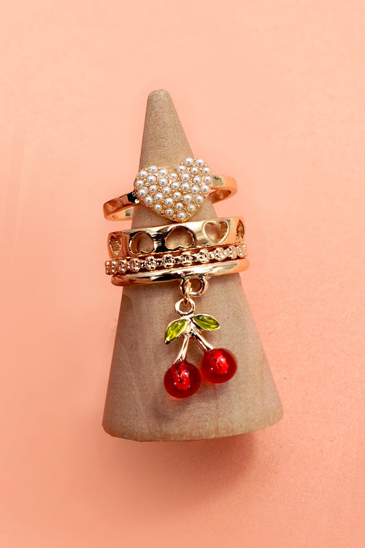Layered Multi Cherry Porcelain Stackable Ring Set