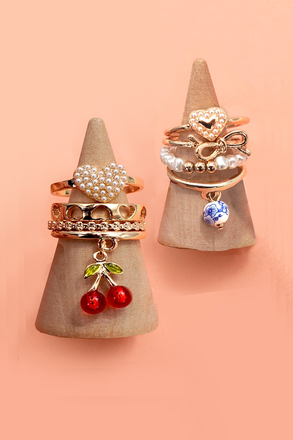 Layered Multi Cherry Porcelain Stackable Ring Set