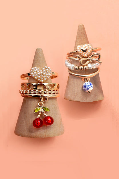 Layered Multi Cherry Porcelain Stackable Ring Set