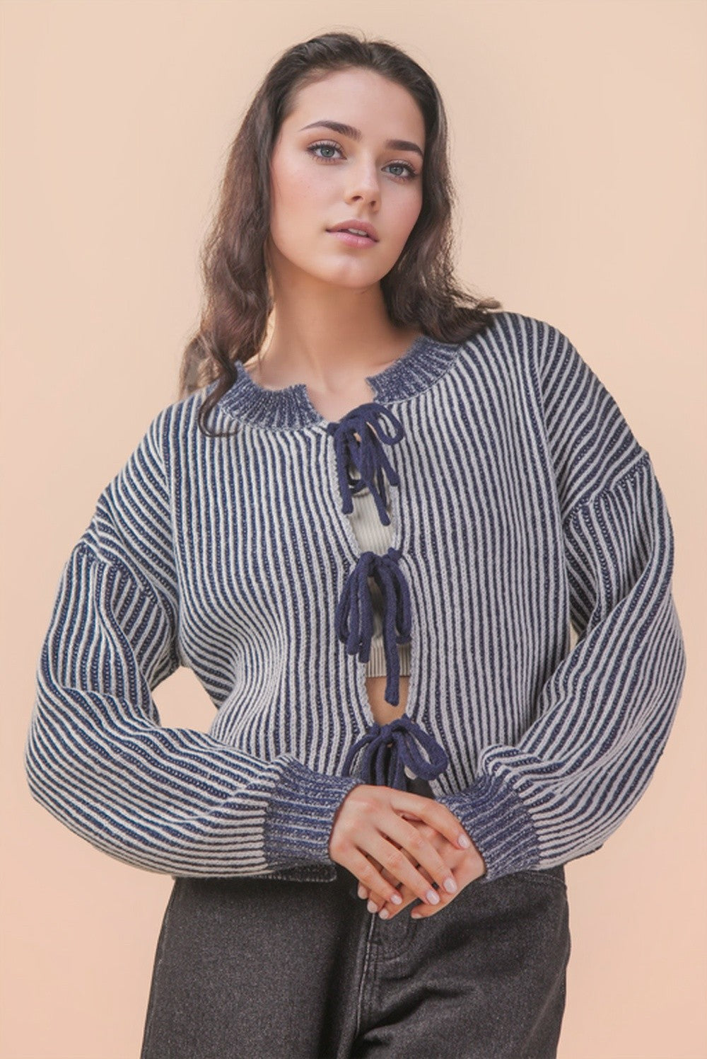 Front Tie Two Tone Knit Cardigan