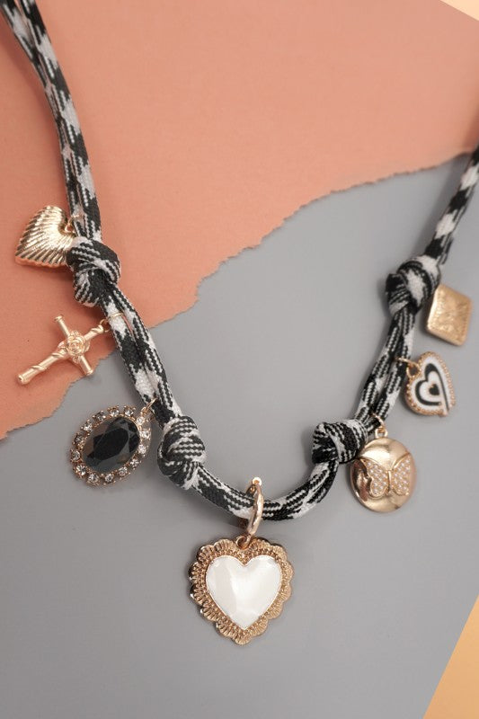 Double Cord Charm Necklace - Heart Cross Stone