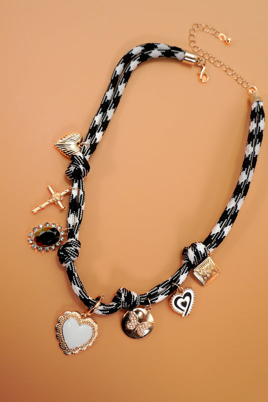 Double Cord Charm Necklace - Heart Cross Stone