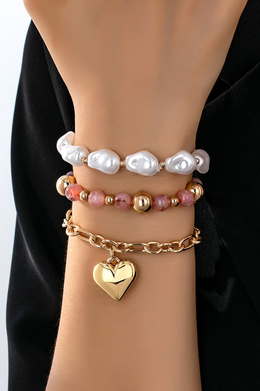 Multi Layer Mixed Pearl Bead Heart Charm Bracelet