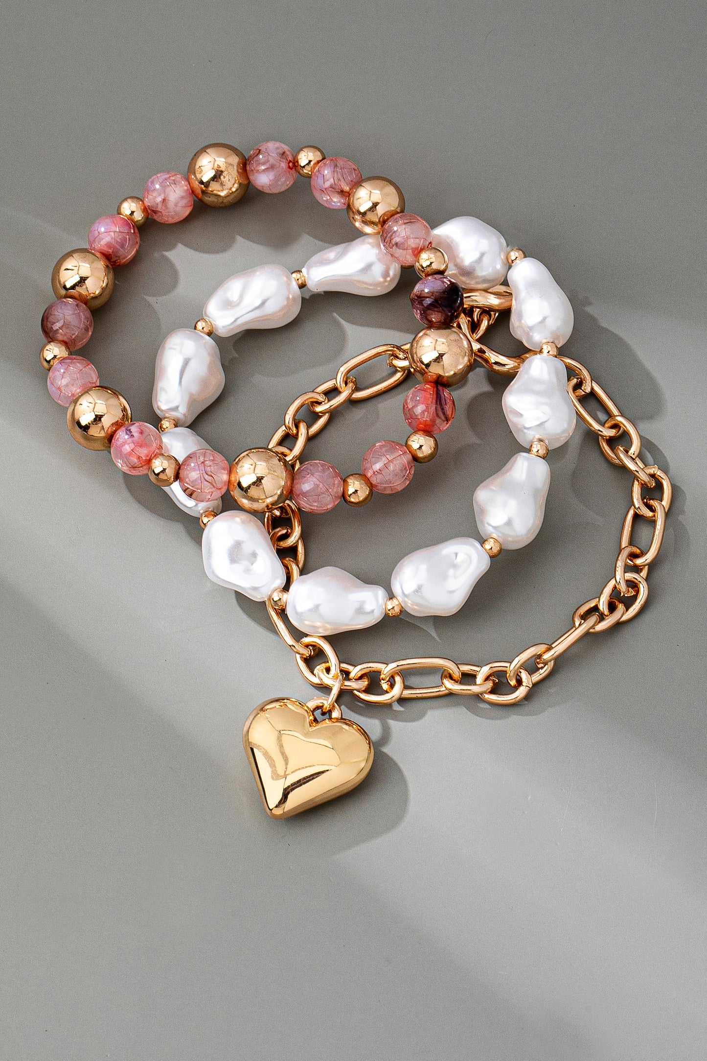 Multi Layer Mixed Pearl Bead Heart Charm Bracelet