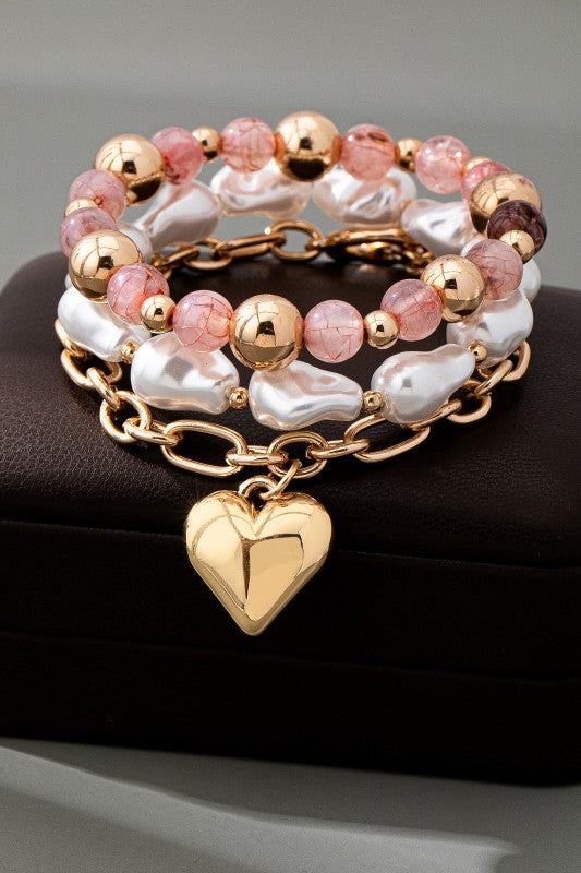 Multi Layer Mixed Pearl Bead Heart Charm Bracelet