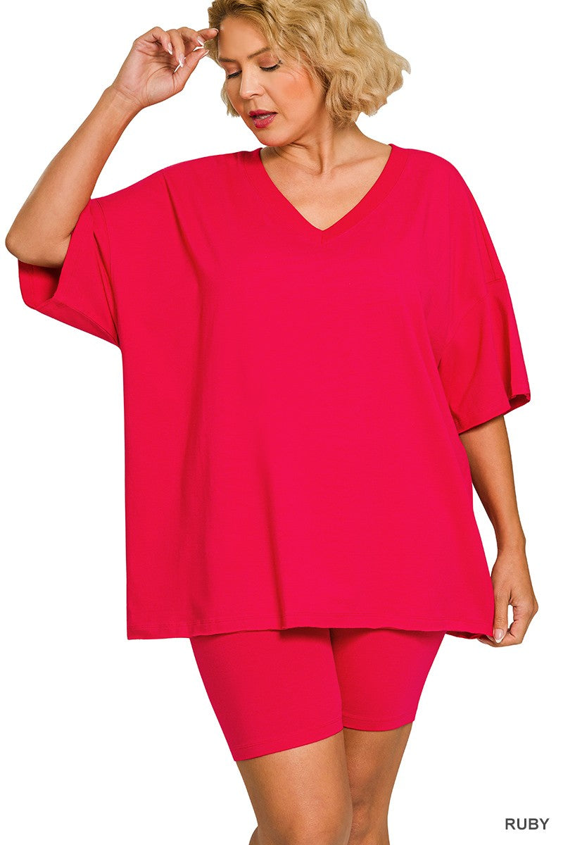Plus Cotton V-neck Top & Biker Shorts Set (3 Colors)