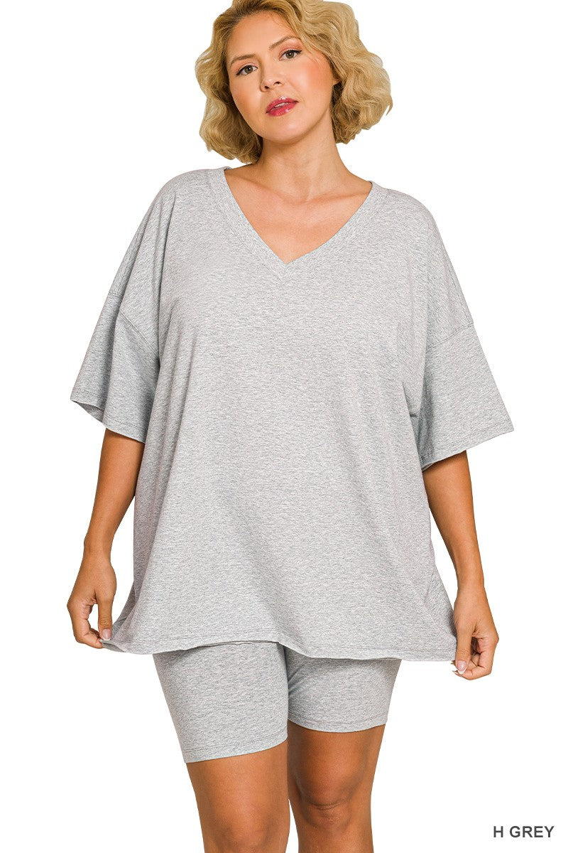 Plus Cotton V-neck Top & Biker Shorts Set (3 Colors)
